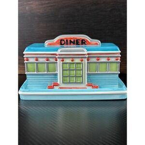 Department 56 Retro 50s Diner Ceramic Butter Dish Blue Silver Vintage Style